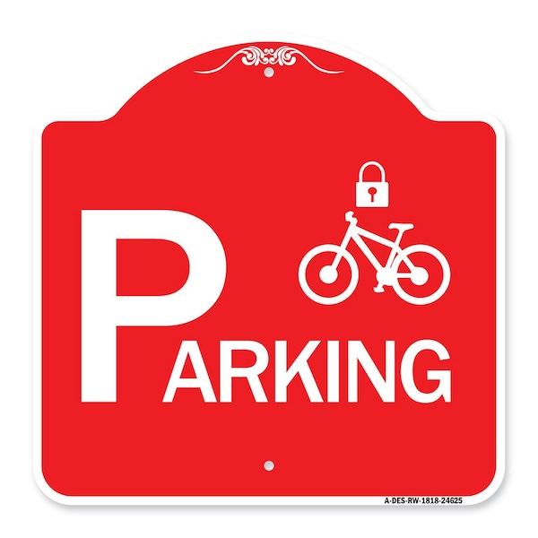 Parking With Cycle and Lock, Red & White Aluminum Architectural Sign, 18" x 18", RW-1818-24625